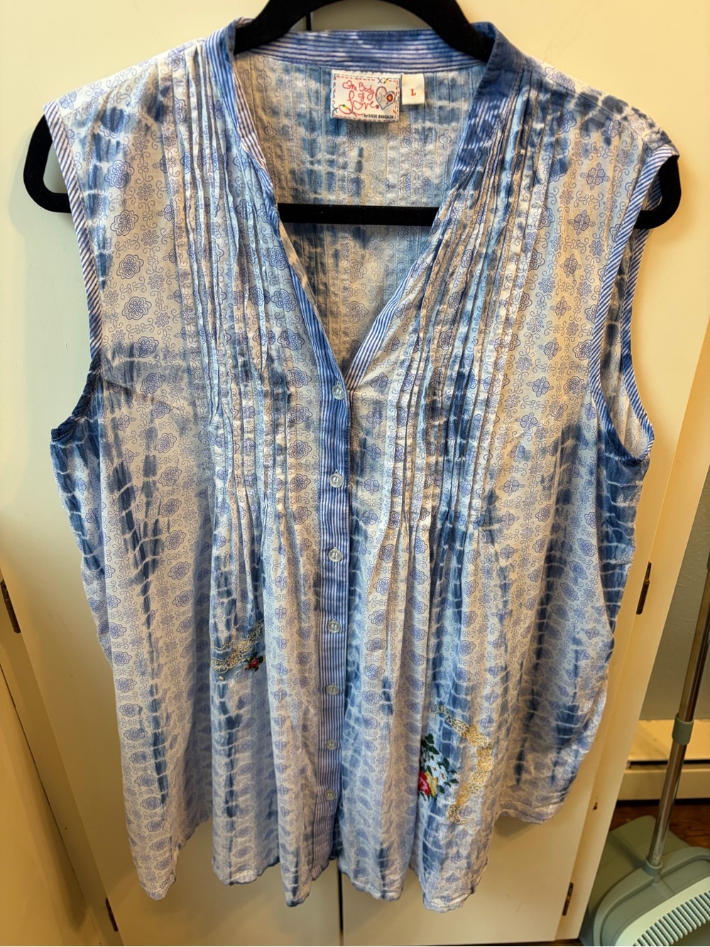 Blue Patterned Sleeveless Swim Coverup with Button Front